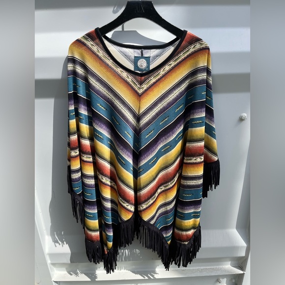 Double D Ranch Sweaters - Double D Ranchwear Poncho with Leather Fringe Women’s XS